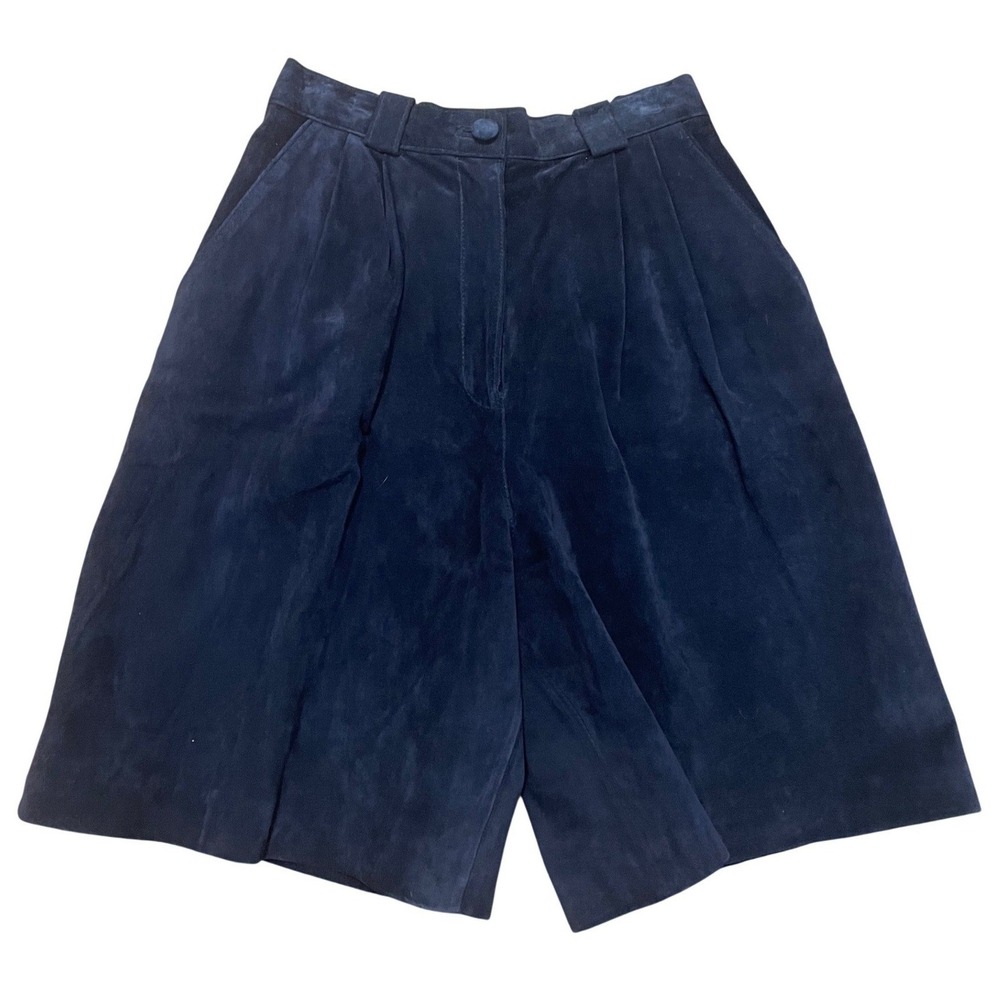 Navy Blue Suede Shorts Vintage Pleated High Waisted Size 8 Lord & Taylor